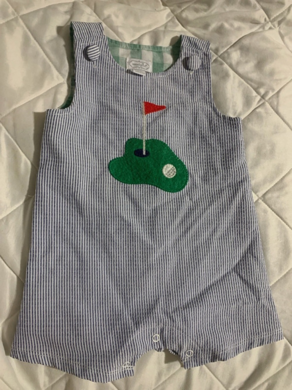 Mud Pie Blue & White Striped Seersucker Golf Patch Tank Romper